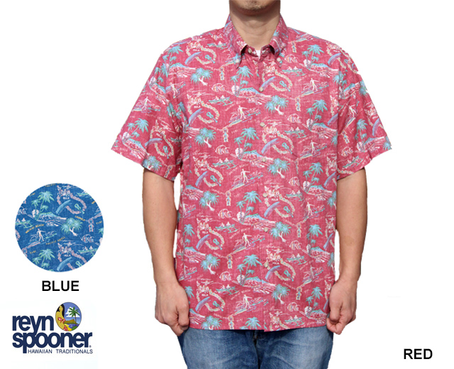 Reyn Spooner レインスプーナー アロハシャツ ONE FINE DAY 赤 レッド 青 ブルー
