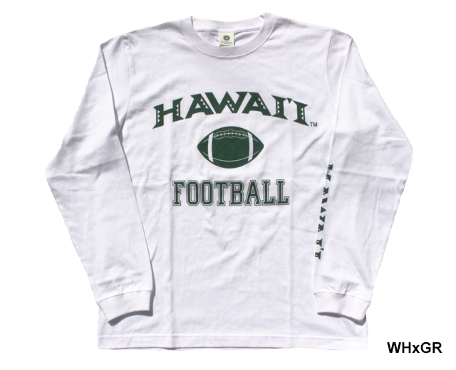 ハワイ大学 長袖Tシャツ フットボール「UH FOOTBALL L/S Tee」アメカジ 白 ホワイト 緑 グリーン