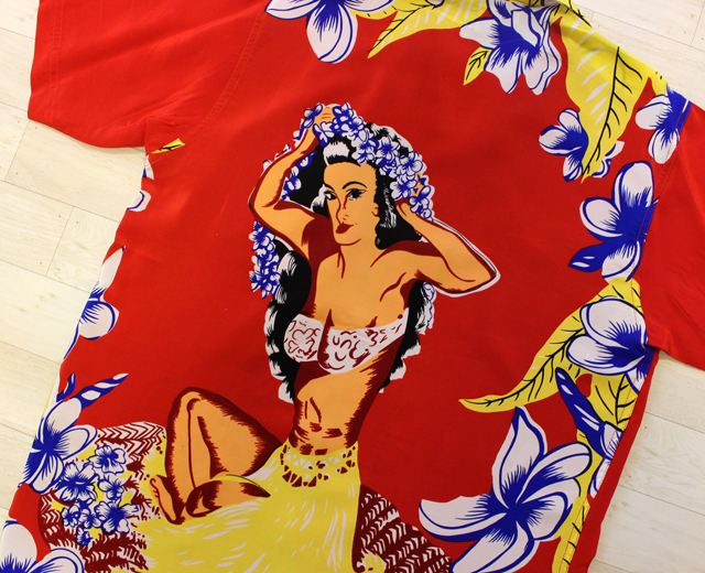 AVANTI/アヴァンティ アロハシャツ フラガール バックパネル 赤 シルク ハワイアンメイデン 「HAWAIIAN MAIDEN」