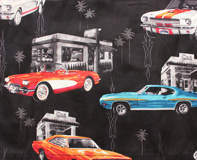 RJC/ロバート・J・クランシーアロハシャツ ハワイ製 アメ車柄 クラシックカー 黒 「Classic Cars」